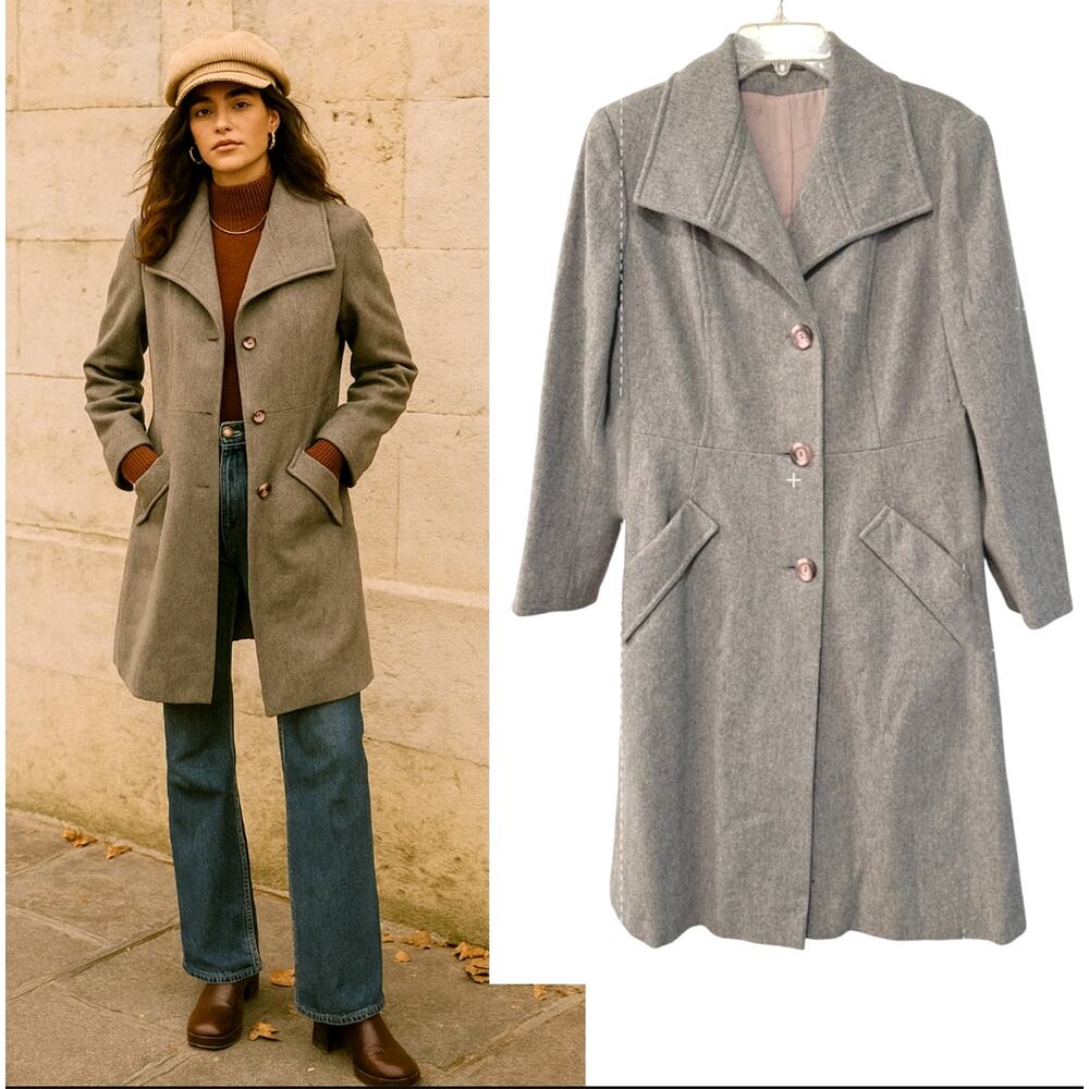 Debenhams Vintage 1970's Wool Lady Coat Sz 6 Button Front Long Jacket Gray EUC!